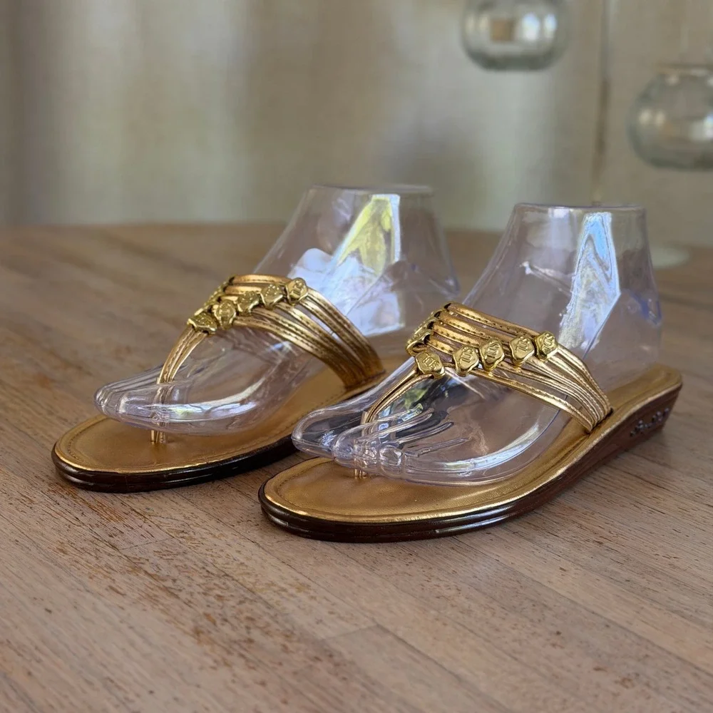 Womens Gold Metallic Sandals Multi Strap Wedge Sz 6 Tropical Casual Summer Beach